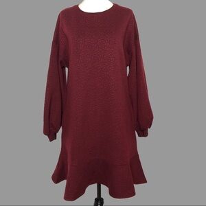 💛 S 💛 NWT Anthro Dress Puffed Sleeves Floral Texture Wine​